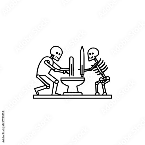 Two skeletons prepare to duel with a plunger and sword above a toilet in a minimalist line drawing style