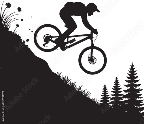 Dynamic cyclist airborne downhill, thrilling sport adventure