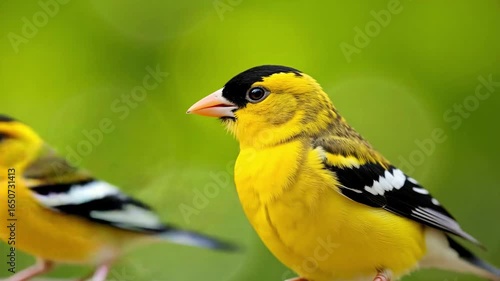 American Goldfinch portrait showcasing vibrant yellow head, black cap, and small black eyes against soft green background, 4k video.
