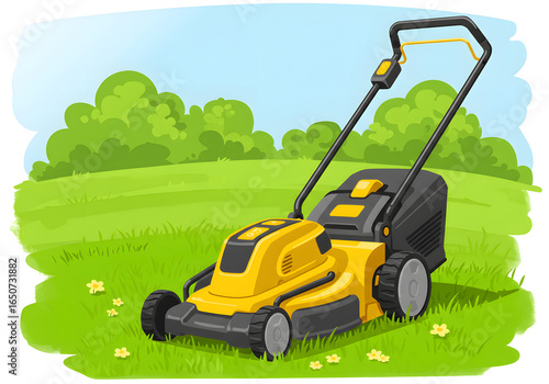 Yellow lawn mower cutting grass in sunny garden illustration
