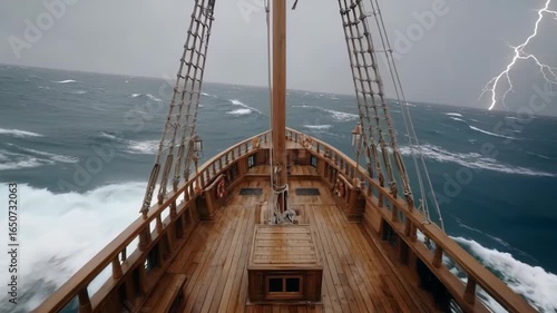 Dramatic Sailing Scene on a Wooden Ship Amidst Stormy Weather and Lightning Strikes in Dark Cloudy Sky