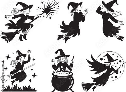 Magical witches fly brooms casting spells under moonlit sky