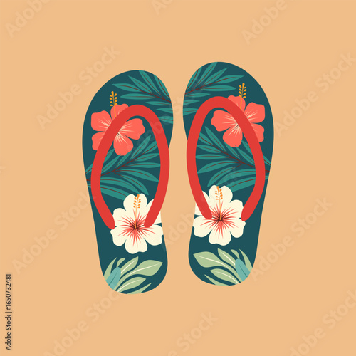 Floral Flip Flops with Red Straps on Beige Background Summer Illustration