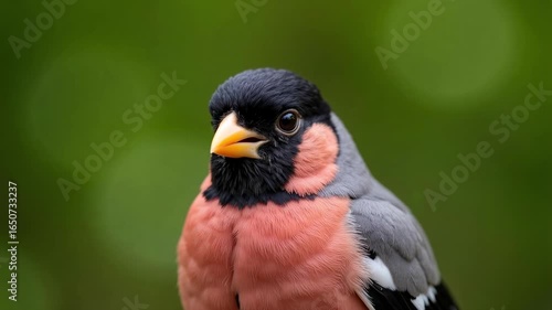 Gentle Bullfinch Eurasian portrait with soft gray back, black cap, and deep pink breast against a soft green background. 4k video footage.