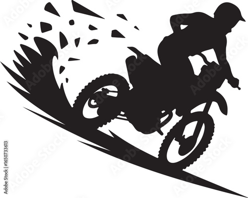 Dynamic motocross rider speeds through dirt with dust clouds
