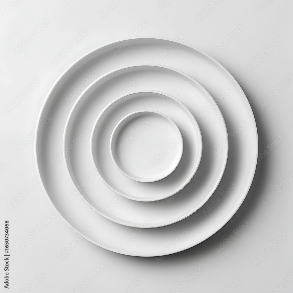 Obraz premium Minimalist white plates arrangement showcases a clean and elegant aesthetic, perfect for culinary presentations and modern dining.