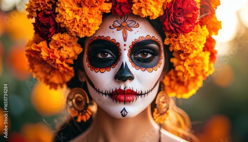 A woman with decorative skull makeup and a vibrant floral headpiece, embodying the spirit of Dia de los Muertos.