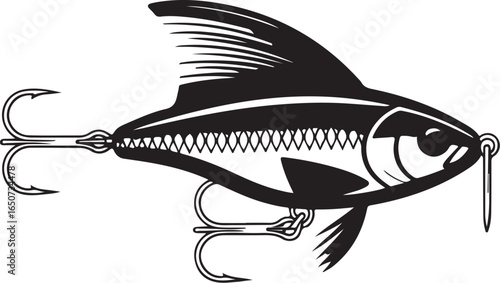 Realistic fishing lure design with sharp hooks and detailed fins