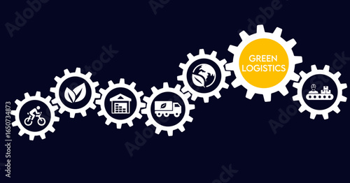 green logistics and supply chain vector illustration. Concept with connected icons related to sustainable transport, eco-friendly distribution or shipping, smart solutions for cargo & import / export.