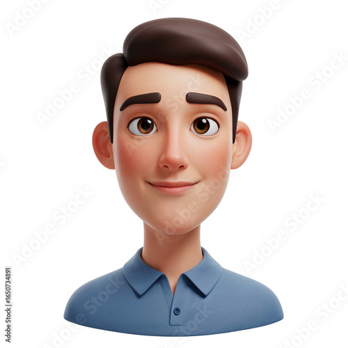 Friendly cartoon man with dark hair wearing a blue collared shirt isolated on transparent background