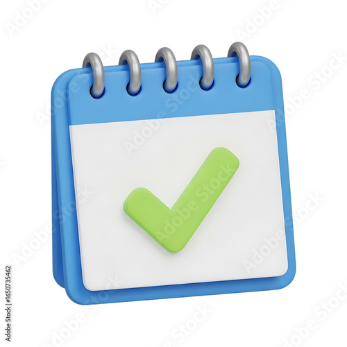 Blue calendar with a green checkmark isolated on transparent background