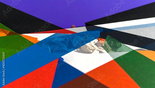 Abstract composition of overlapping colorful shapes.