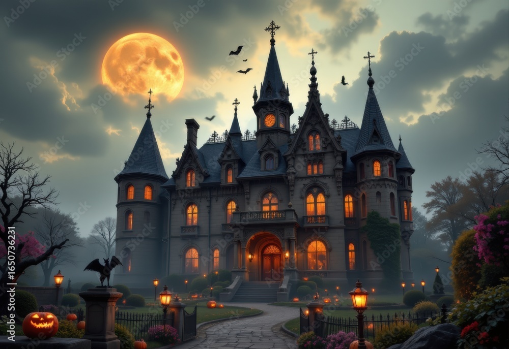 Obraz premium design a halloween mansion mixing fantasy and horror with twisted spires glowing runes swirling mist dark gardens shadowed corridors flickering ghostly lights enchanted statues mysterious creatures ro