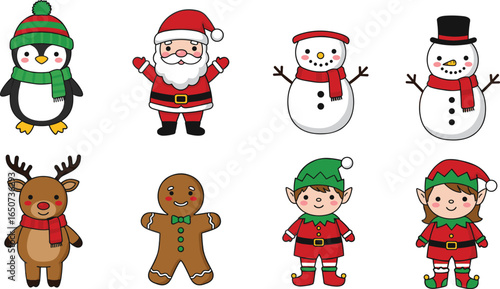 Cute Christmas cartoon characters collection, Santa Claus, snowman, reindeer, elf, penguin, gingerbread man, holiday icons, festive decorations, flat vector illustrations, isolated