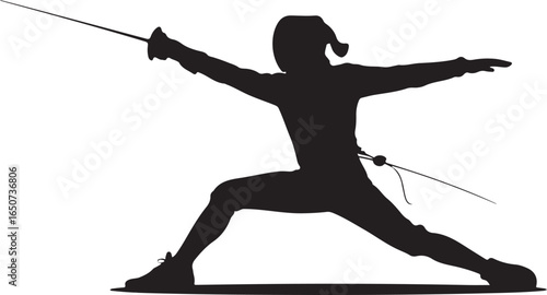 Fencer in action stance with sword extended ready to strike
