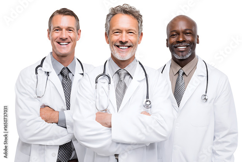 Group of Smiling Male Doctors in White Coats with Stethoscopes Posing Together, Professional Medical Team