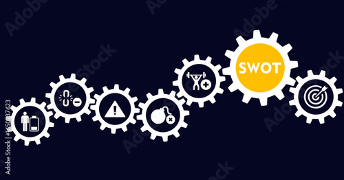 SWOT banner web icon vector illustration concept for strengths, weaknesses, threats and opportunities analysis with an icon of value, goal, break chain, low battery, growth, check, minus, and crisis