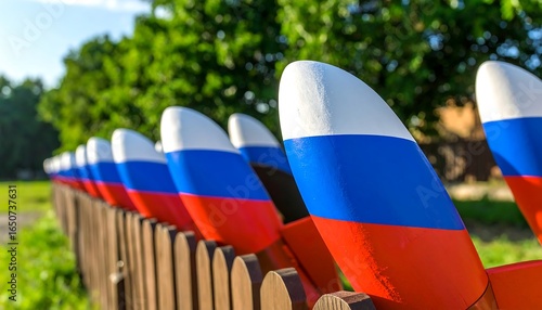 Russian flag-themed objects affixed to a wooden fence.