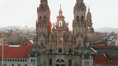 Aerial view of the Cathedral of Santiago de Compostela at sunrise in Spain