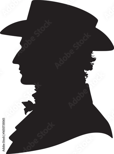 A black silhouette of 1800 man's fashion america wearing a wide-brimmed hat and cravat, his profile turned to the left, suggesting a historical or period figure.