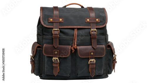 Vintage canvas backpack PNG, black travel rucksack with brown leather straps, isolated hiking daypack for outdoor gear