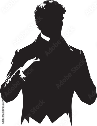 A black silhouette of 1800 man's fashion america in a tuxedo, his hand adjusting his bow tie, possibly suggesting elegance, formality, or a sense of preparation.