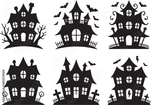 Spooky haunted houses with bats and graves for Halloween