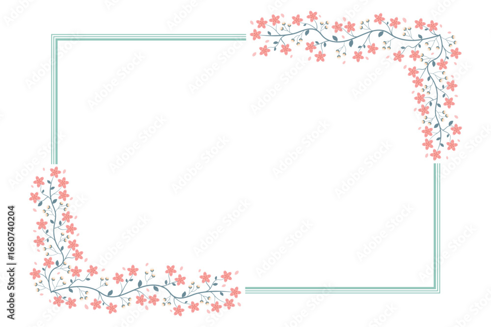 Obraz premium Green And Peach Rectangular Floral Border Frame With Cherry Blossoms