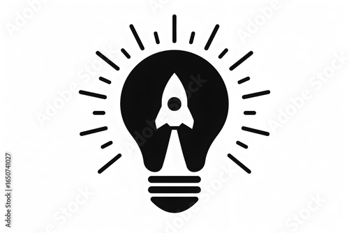 Creative black lightbulb with rocket symbol for startup innovation and business ideas