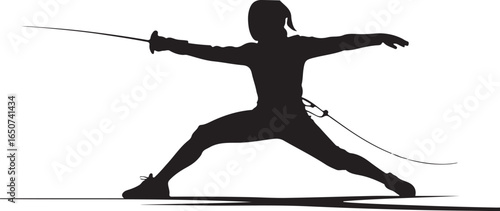Fencer in action silhouette, aggressive stance, ready to strike