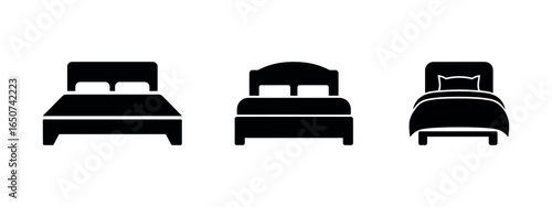 Three different style bed icon set silhouette on white background design