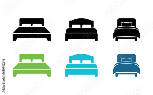 Different styles and colors of bed icons displayed on a clean white background