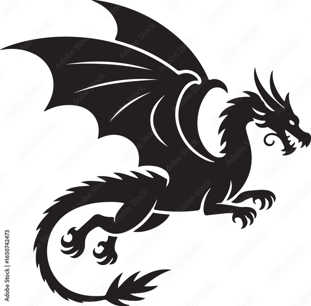 Obraz premium Dynamic black dragon silhouette in flight, powerful fantasy creature