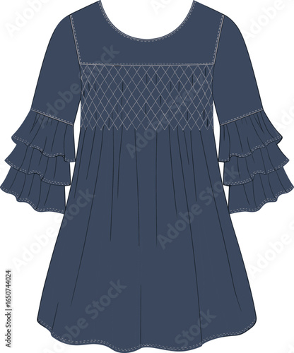 Dark blue ruffle sleeve tunic flat sketch, diamond smocked yoke detail, loose fit dress cad design, vector fashion illustration