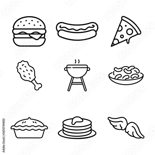 Popular American Food Icons Set – Burger, Hotdog, Pizza, Fried Chicken, BBQ, Mac and Cheese, Apple Pie, Pancakes, Buffalo Wings