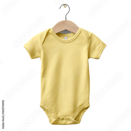 Baby's yellow onesie is hanging on a wooden hanger