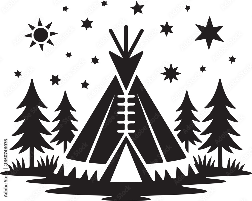Obraz premium Camping adventure under the stars with teepee tent and forest design