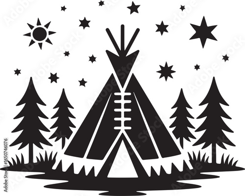 Camping adventure under the stars with teepee tent and forest design