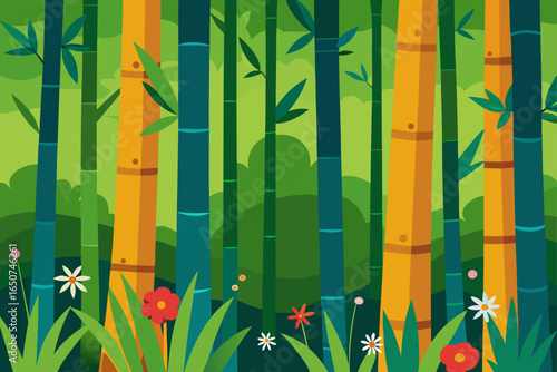 Bamboo Forest Clearing with Wildflowers in Bloom