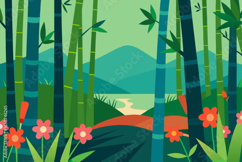 Bamboo Forest Clearing with Wildflowers in Bloom