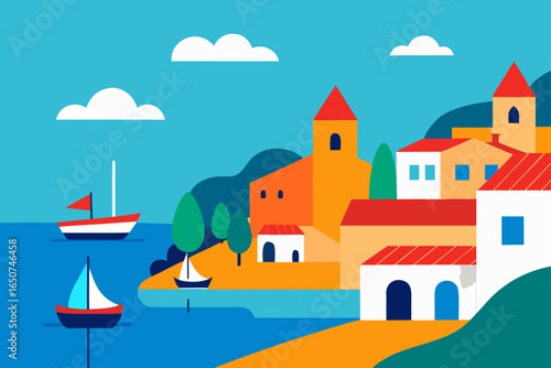 Bay Inlet with Boats and Vibrant Village Rooftops