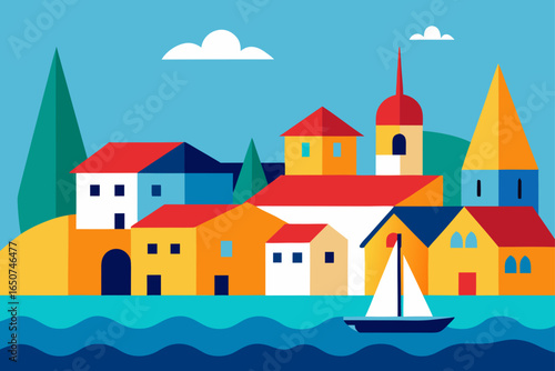 Bay Town with Vivid Rooftops and Sailing Boats