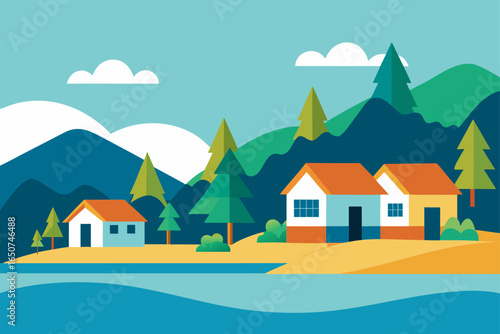 Beachfront Homes and Forested Hills by a Lagoon