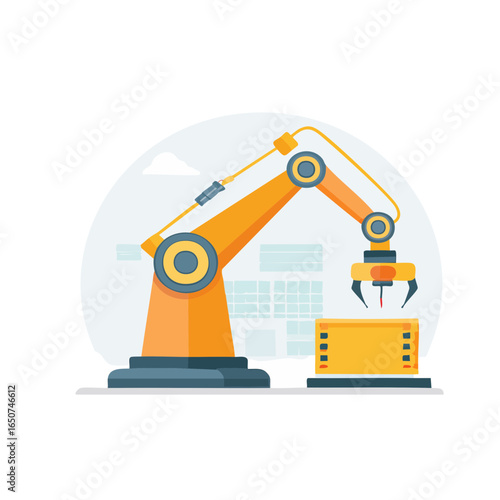 Modern flat vector illustration style of a robotic arm assembling parts