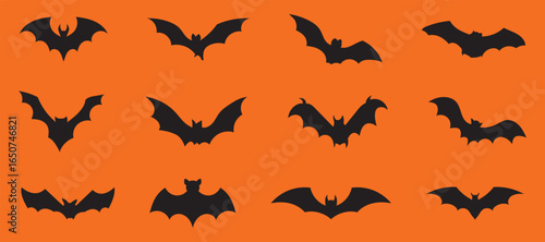 Halloween bats silhouettes set. Isolated vector winged vampire animal black shapes on white background.  Creepy Halloween Night Flying Bat Icons