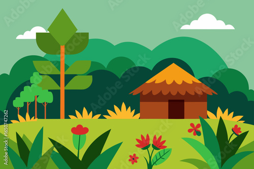 Blooming Jungle Edge Near Village Hut