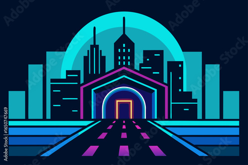 Blue Neon Skyline with Glowing Subway Entrance