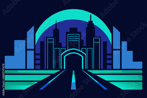 Blue Neon Skyline with Glowing Subway Entrance