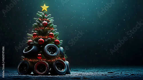 Artistic tire Christmas tree design illuminated against black backdrop