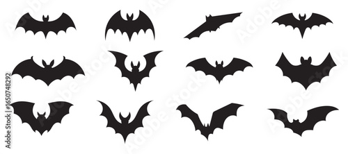 Halloween bat set, Collection of halloween bats silhouette vector on white background . Creepy Bat Silhouettes Vector Pack – Gothic Halloween Flying Bat Icons